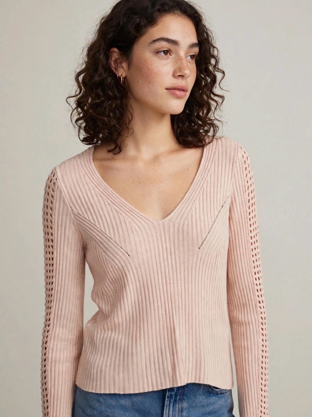 Free People V-Neck Ribbed Knit Sweater in Blush
